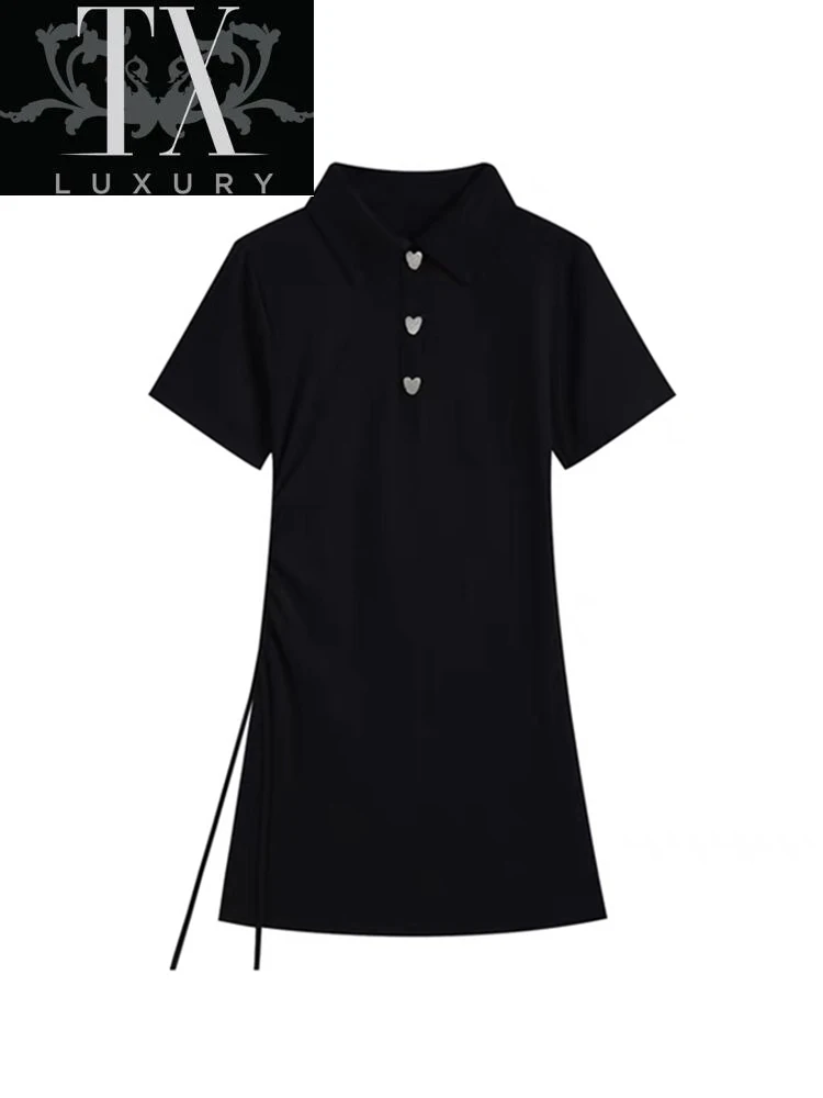 

Women Bandage Drawstring Black Sexy Dress Summer 2022 Fashion Short Sleeve Polo Button Casual Gothic Basic Vestidos Female