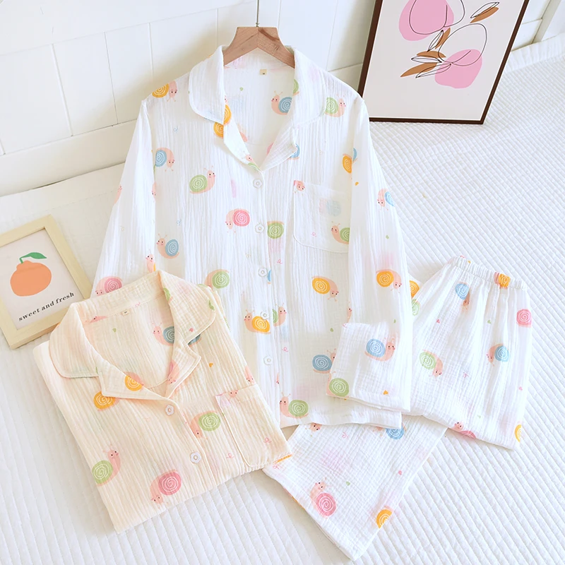 

Double Cotton Crepe Pajamas Set Four Season Female Home Clothes Suit Long Sleeve Breathable Sleepwear Soft Pijama Casual Pyjamas