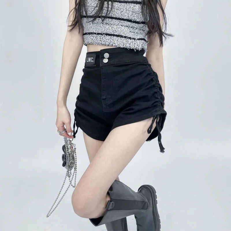 Summer New Solid Color High Waist Denim Shorts Drawstring Slim Stretch Black Hot Pants Korean Fashion Women Clothing