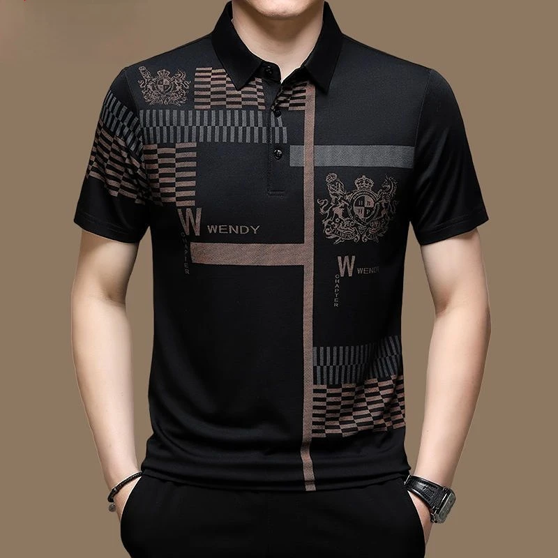 

New Summer T Shirts for Men 2023 Short Sleeve Turn-down Collar Letter Printing Button Striped Polo Tees Fashion Pullover Tops