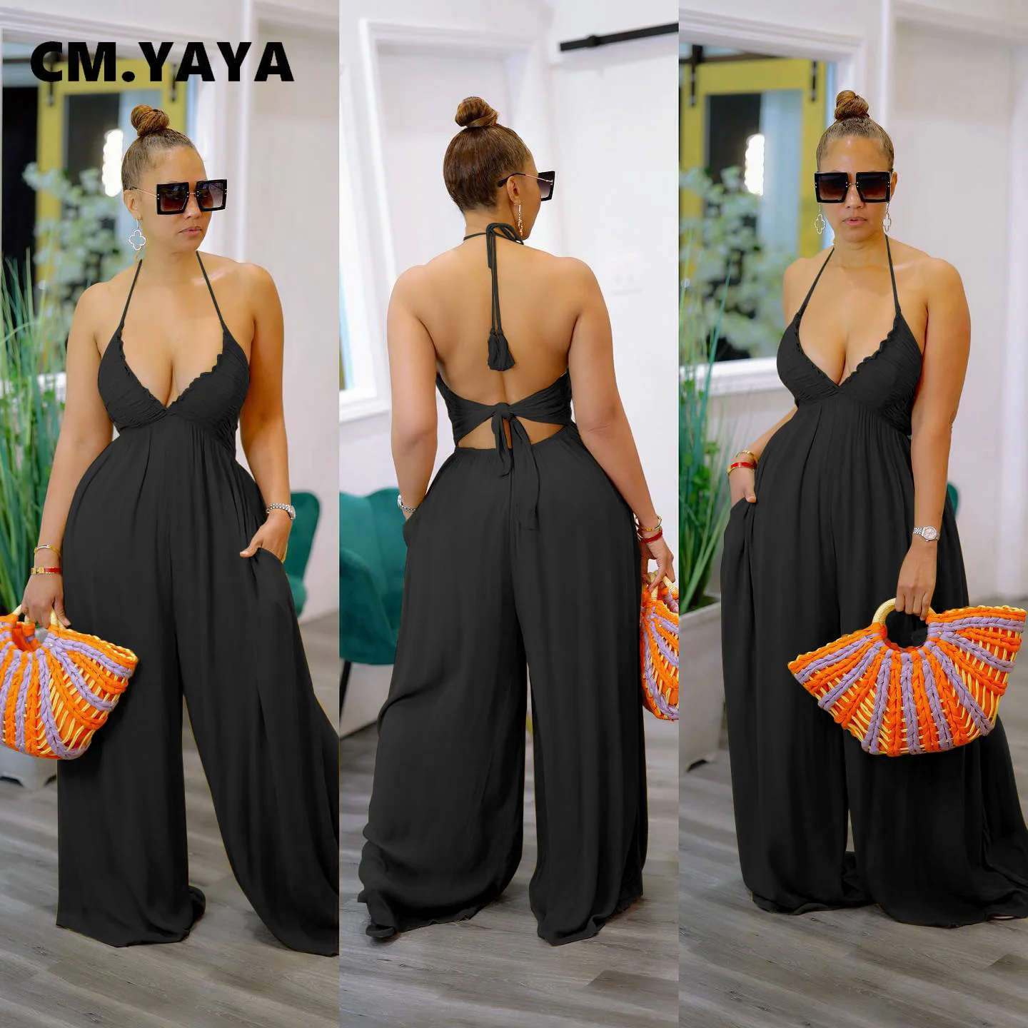 Женский комбинезон без рукавов CM.YAYA элегантный пляжный с лямкой на шее открытой