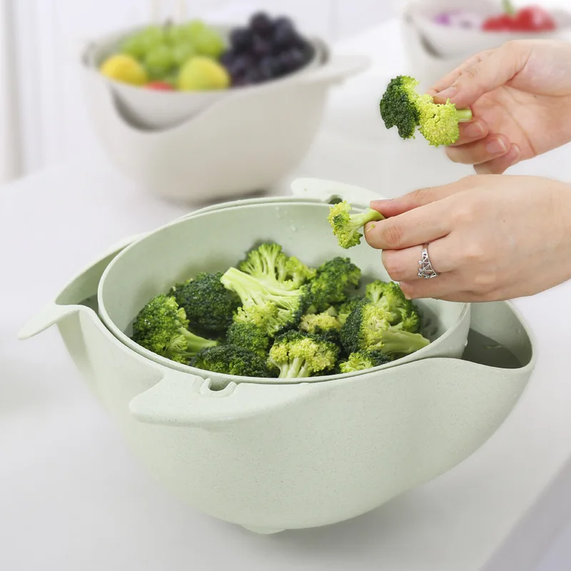 

Пластиковая Экологически чистая и удобная двухслойная сливная корзина для овощей и фруктов из пшеничной соломы, кухонные принадлежности