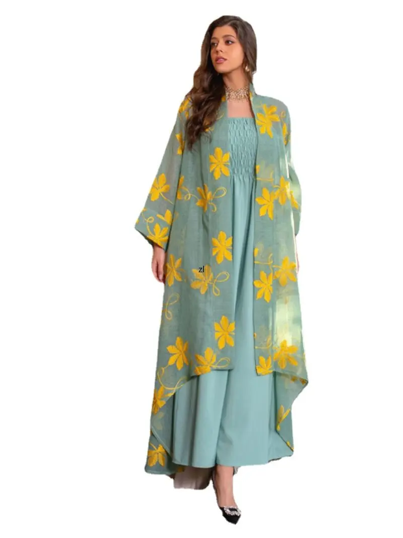 Ramadan Abaya 2 Pieces Mesh Floral Embroidery Lace Belted Kaftan Islamic Dresses Muslim Sets Turkish Evening Gown Prom Dress