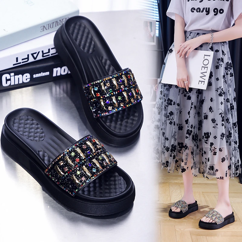 

Rhinestone Platform Sandals Women's Fashion Slippers 2022 New Ladies Gem Slippers Wedge Slippers Non-slip Beach Shoes Bling