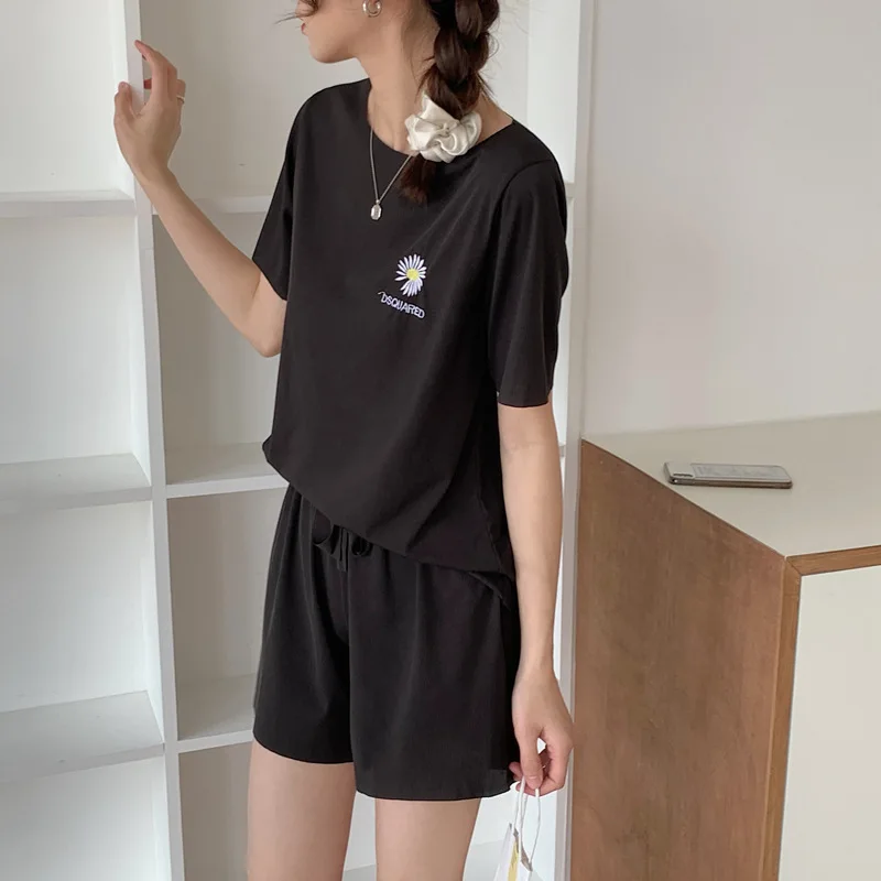 2pcs Pajamas for Women Cotton Embroidered Korean Style Elastic Short-sleeved Top Casual Shorts Loungewear Pijamas Sets Female