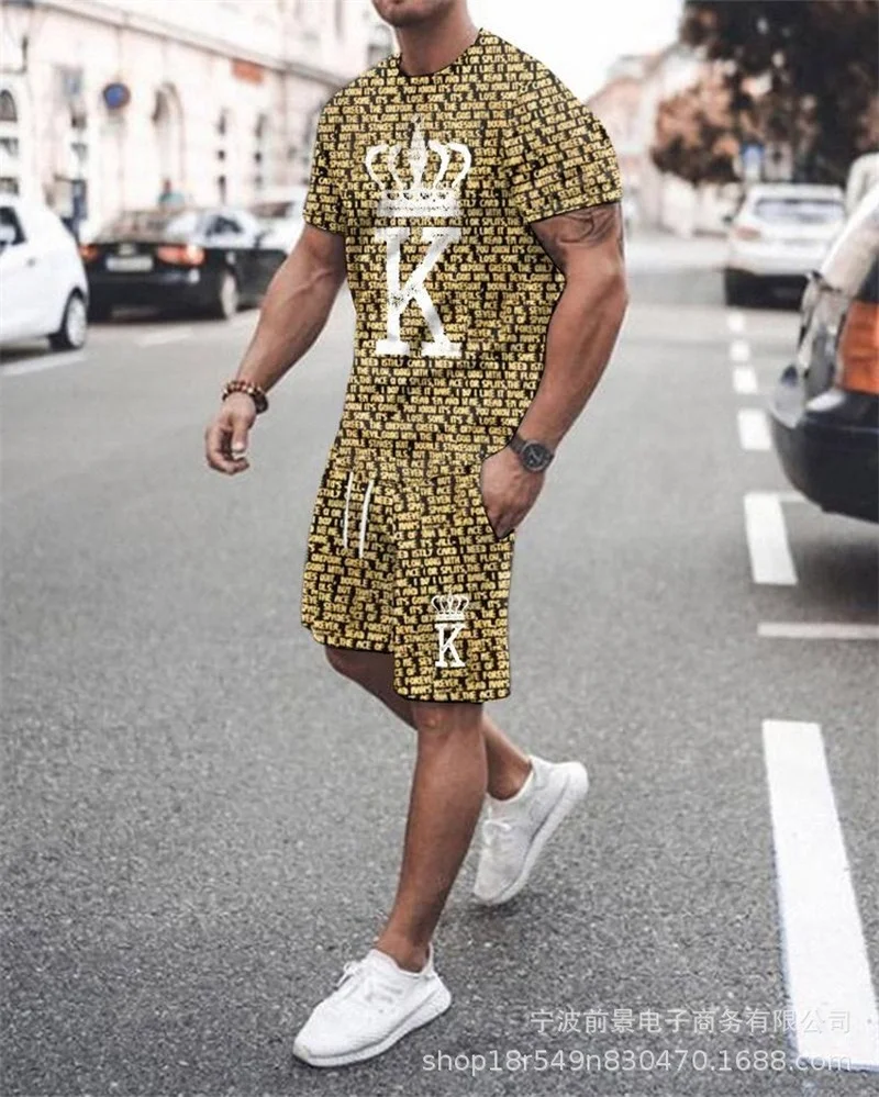 Men Set Summer Men's Letter Printed O-Neck Short Sleeve Tops and Shorts Fashion Sports Leisure Suit Men Two Piece Sets