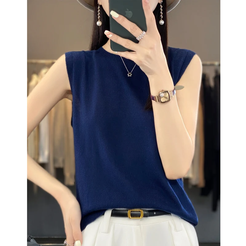 

Women's T-shirt Summer New Solid Color Sweater Sleeveless Casual Knitwear Round Neck Ladies Tops Blouse Overside Pullover Tees