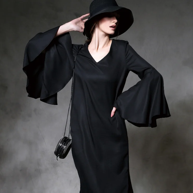 Женское платье с V-образным вырезом длинным рукавом и оборками | Женская одежда