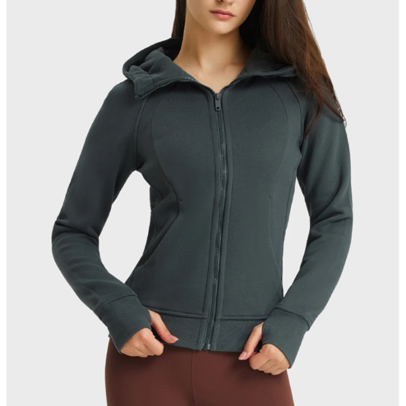 Hiking Thick Warm Hooded Running Jackets Women Autumn Winter Fitness Sports Lulucoat Casual Thumb Hole Zipper Outdoor Pockets