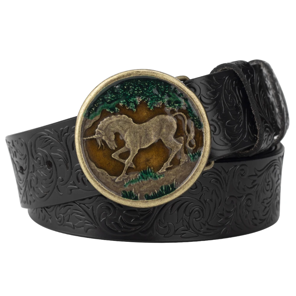 

Рельефный кожаный ремень с круглой пряжкой для мужчин и женщин