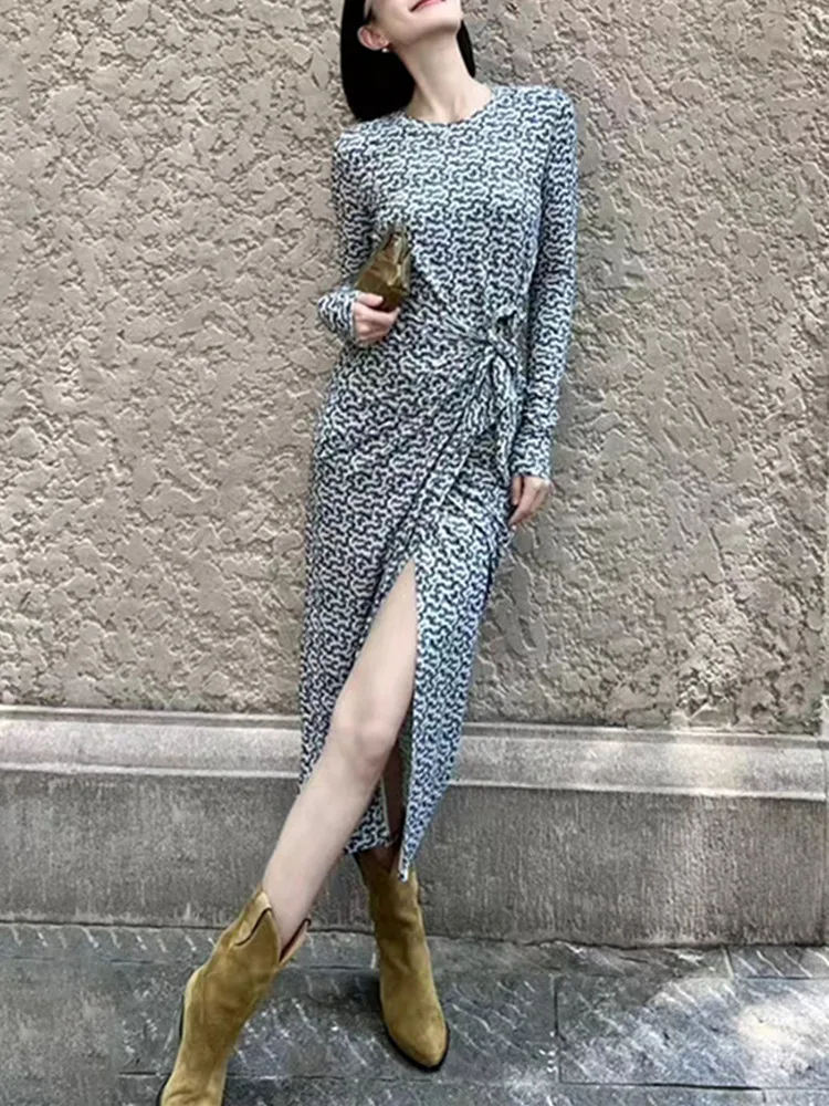 

Женское приталенное платье миди, элегантное плиссированное платье с круглым вырезом, длинным рукавом, поясом и винтажным принтом, осень 2023