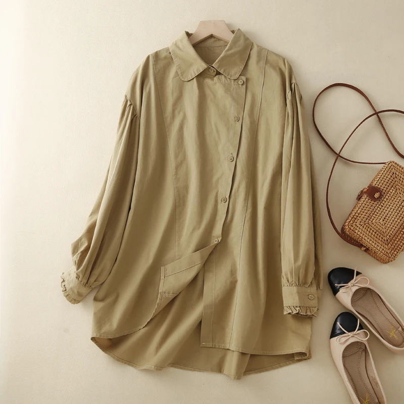 

2023 New Oversized Designer Women Blusa Tops Irregular Casual Loose Ruffles Peter Pan Collar Ladies Cotton Blouses Shirts