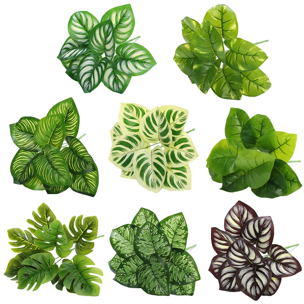 

Искусственные Пальмовые Листья с стеблями, зелень из тропических растений монстеры для гавайской джунглей, свадьбы, внутреннего и наружног...