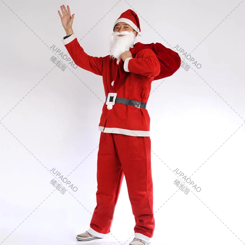 Wholesale/Retail Red Men Santa Claus Costumes Christmas Clothes Male Holloween Cosplay Xmas Suit With Top Belt Beard Hat Pants