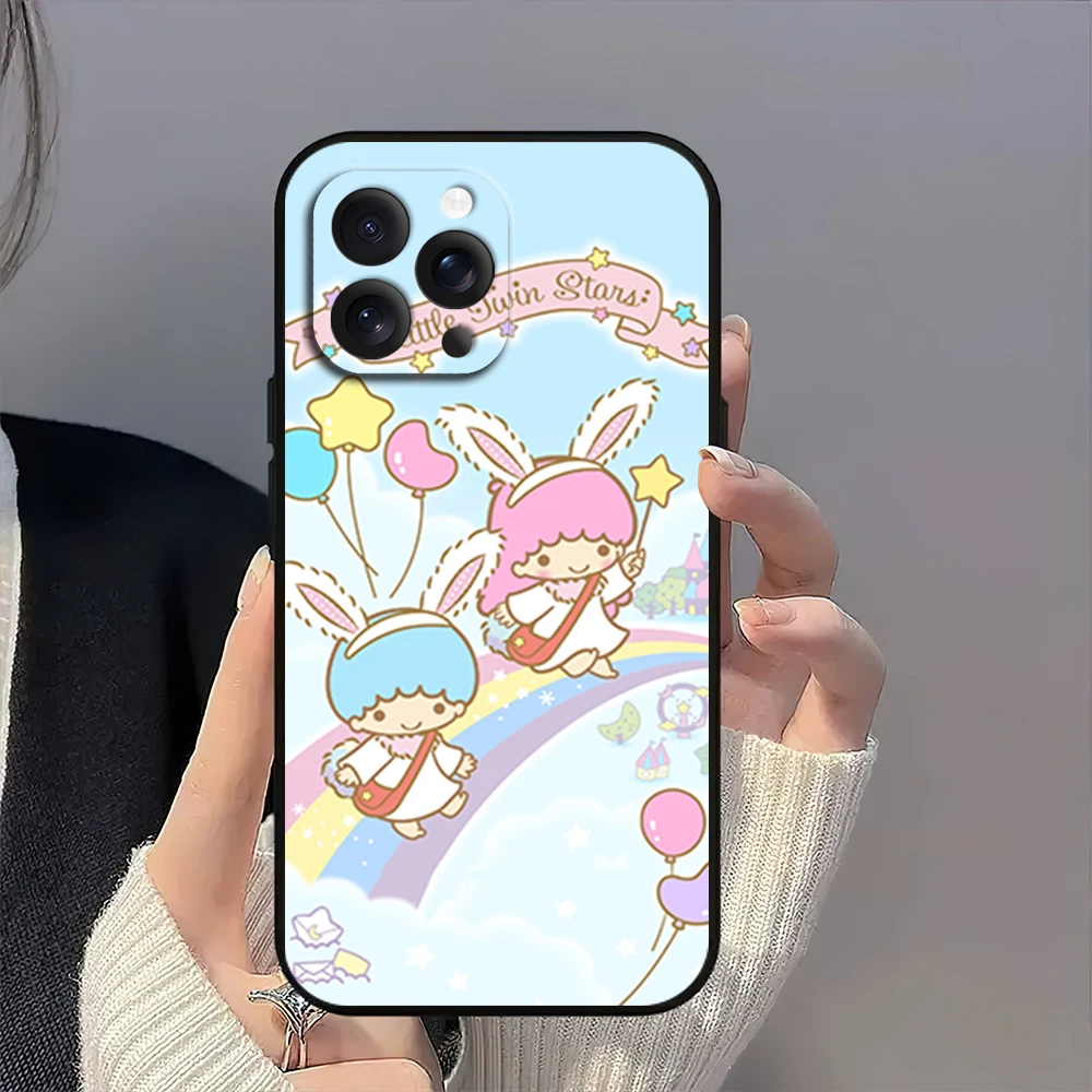 MINISO L-Little Twin S-Stars K-KiKi L-Lala Cute Phone Case for iPhone 12 11 14 15 13 16 Max Plus Pro Black Soft Silicone Cover