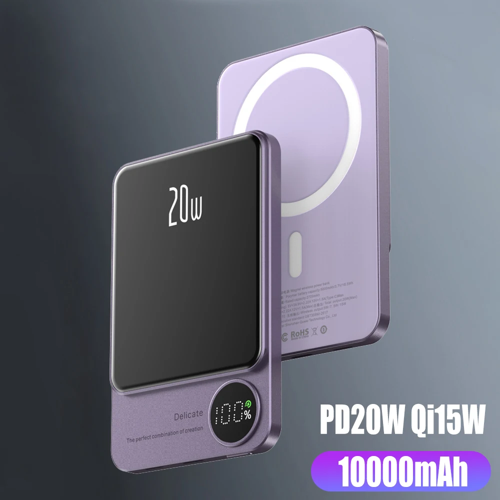 

10000mAh Magnetic Power Bank PD20W 15W Wireless Fast Charger Portable External MacSafe Auxiliary Battery For iPhone Cell Phone