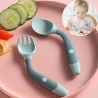 2pcs silicone spoon fork for baby utensils set auxiliary food toddler learn to eat training bendable soft fork infant tableware