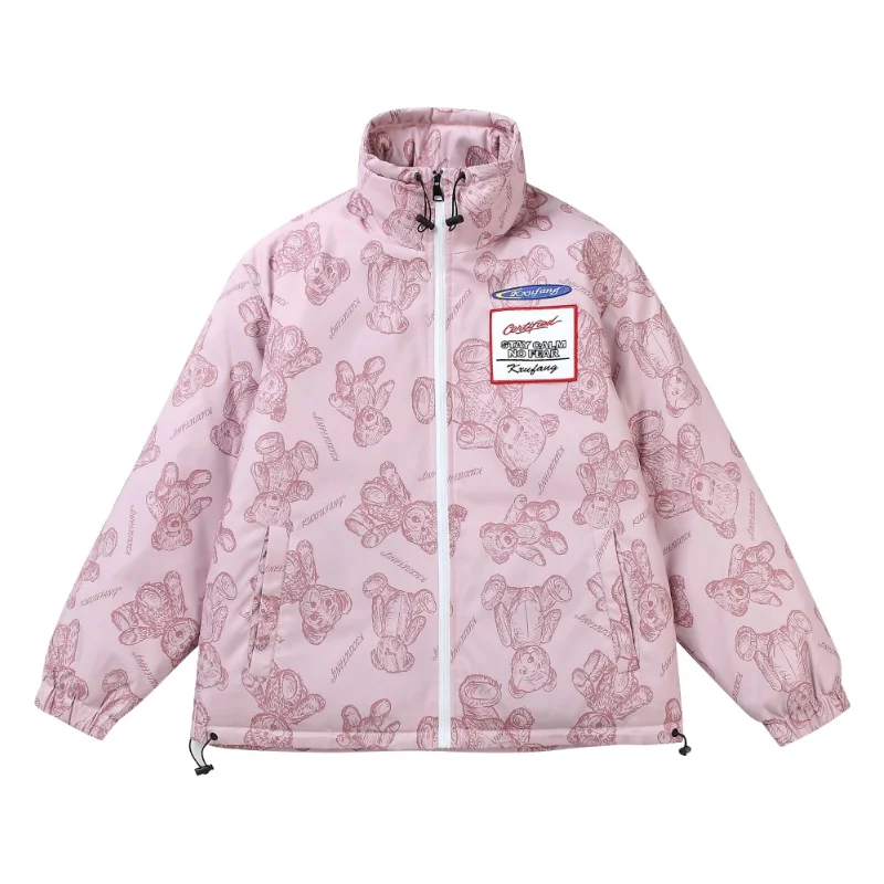 

Пуховик мужской зимний с мультяшным медведем и воротником-стойкой