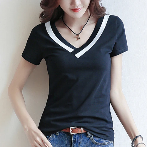 

V넥 라인 스판 여성용 반팔 티셔츠