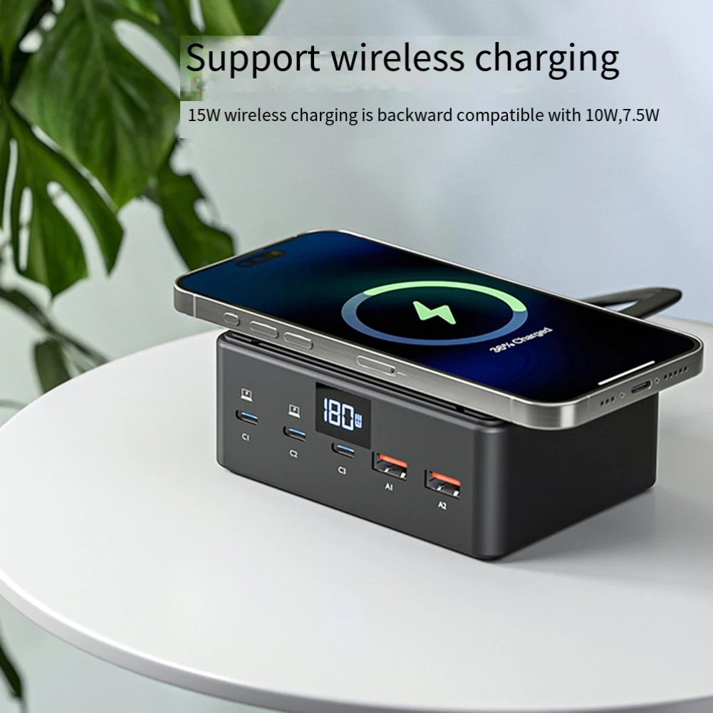 Беспроводное зарядное устройство USB C мощностью 190 Вт с цифровым дисплеем 5 портов