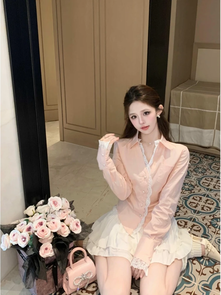 Lace Casual Shirts Women Autumn French sle Long sleeve Tight Waist Shirt Design Sense Slim fit Hugging Top |