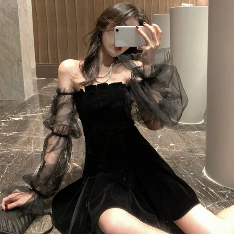 

Gothic Sexy Backless Dress Korean Off Shoulder Puff Sleeve Mesh Patchwork Velvet Mini Dress Dark Street A Line Dress For Female