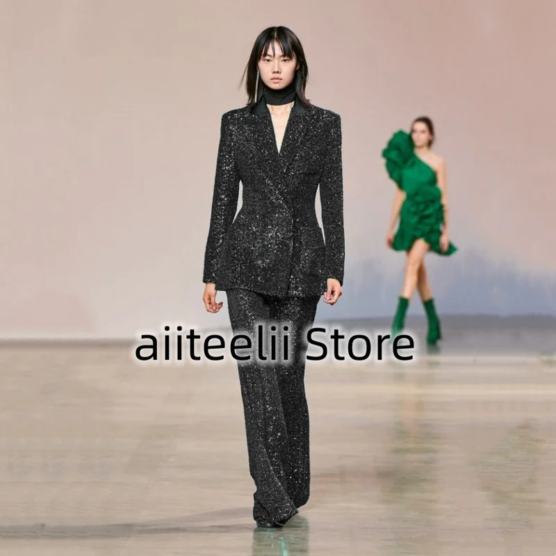 Women's Suit 2 Piece Set Sexy Sequins Retro Spike Lapel Fashion Slim Double Breasted Floor Length Trousers For Casual Party 2023