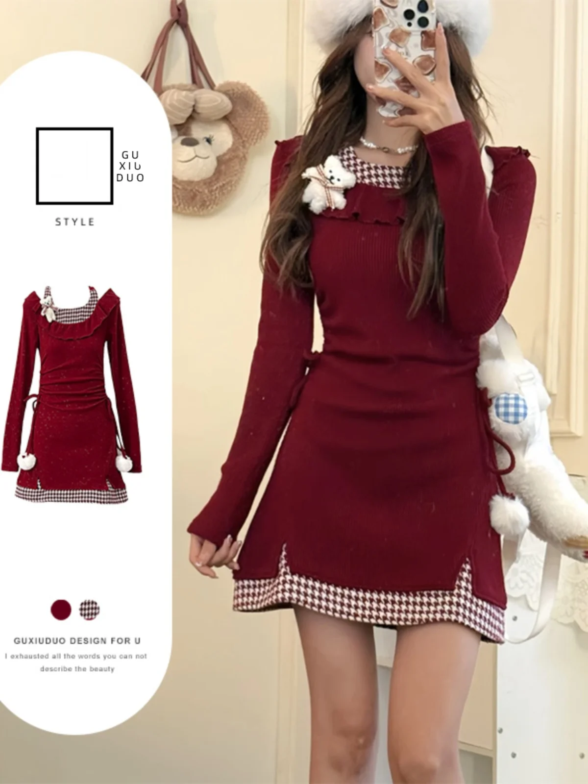 Рождественское пальто Gyaru трикотажное платье с длинными рукавами и доспехами