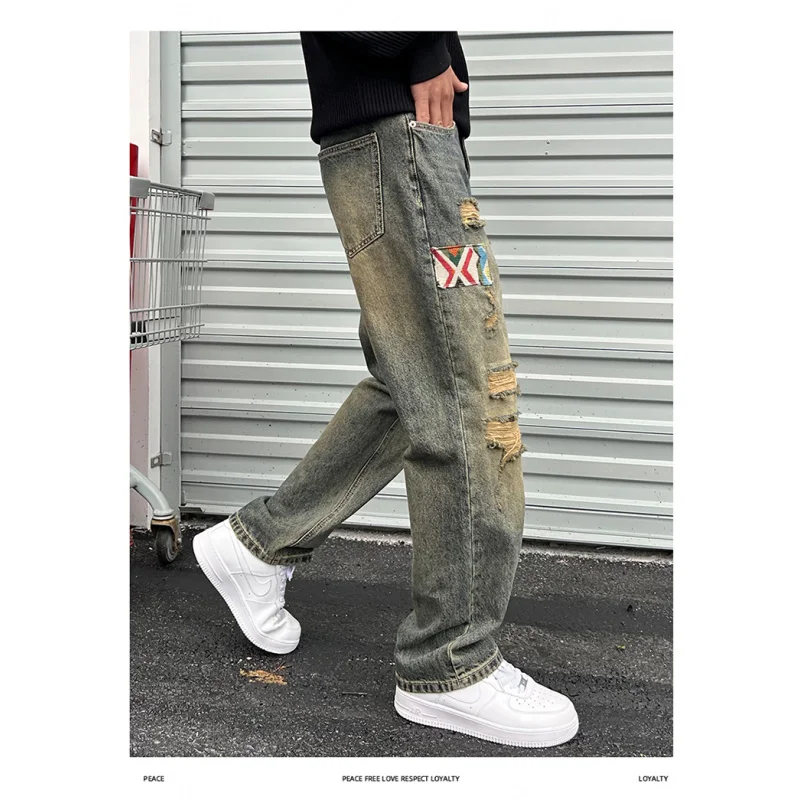 Уличная одежда с нашивками дырками свободные прямые мужские джинсы осенние и