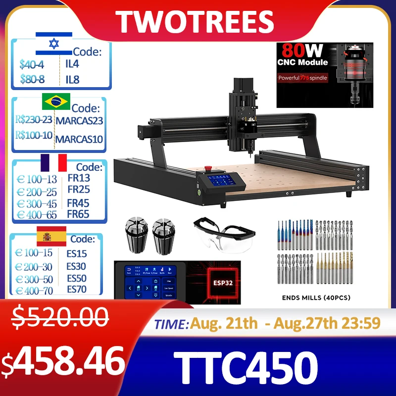 Лазерный гравер Twotrees TTC450 с ЧПУ, фрезерный станок с ЧПУ для дерева, фрезерный режущий станок, деревообрабатывающий станок «сделай сам» для Резки Акрила, печатной платы, ПВХ, металла