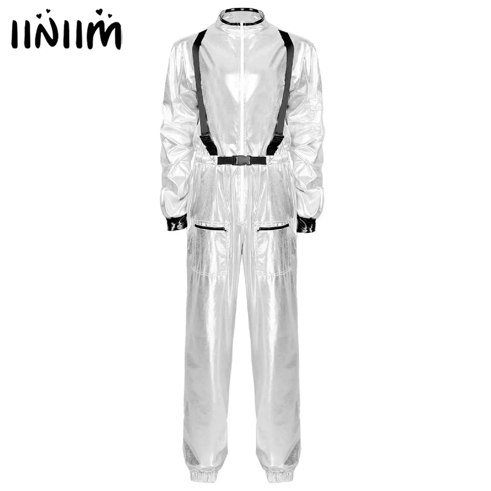 Mens Womens Astronaut Cosplay Masquerade Outfit Clubwear Costumes Metallic Shiny Mock Neck Long Sleeve Jumpsuits Zipper Bodysuit