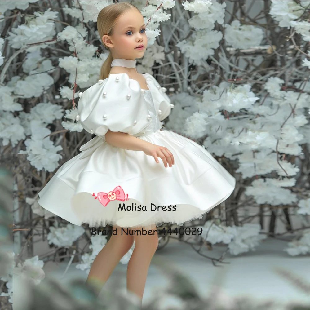 

Exquisite Flower Girl Dress Square Collar Lanter Sleeves Wedding Party Dress Satin A-Line Above Knee Vestido De Fiesta De Boda