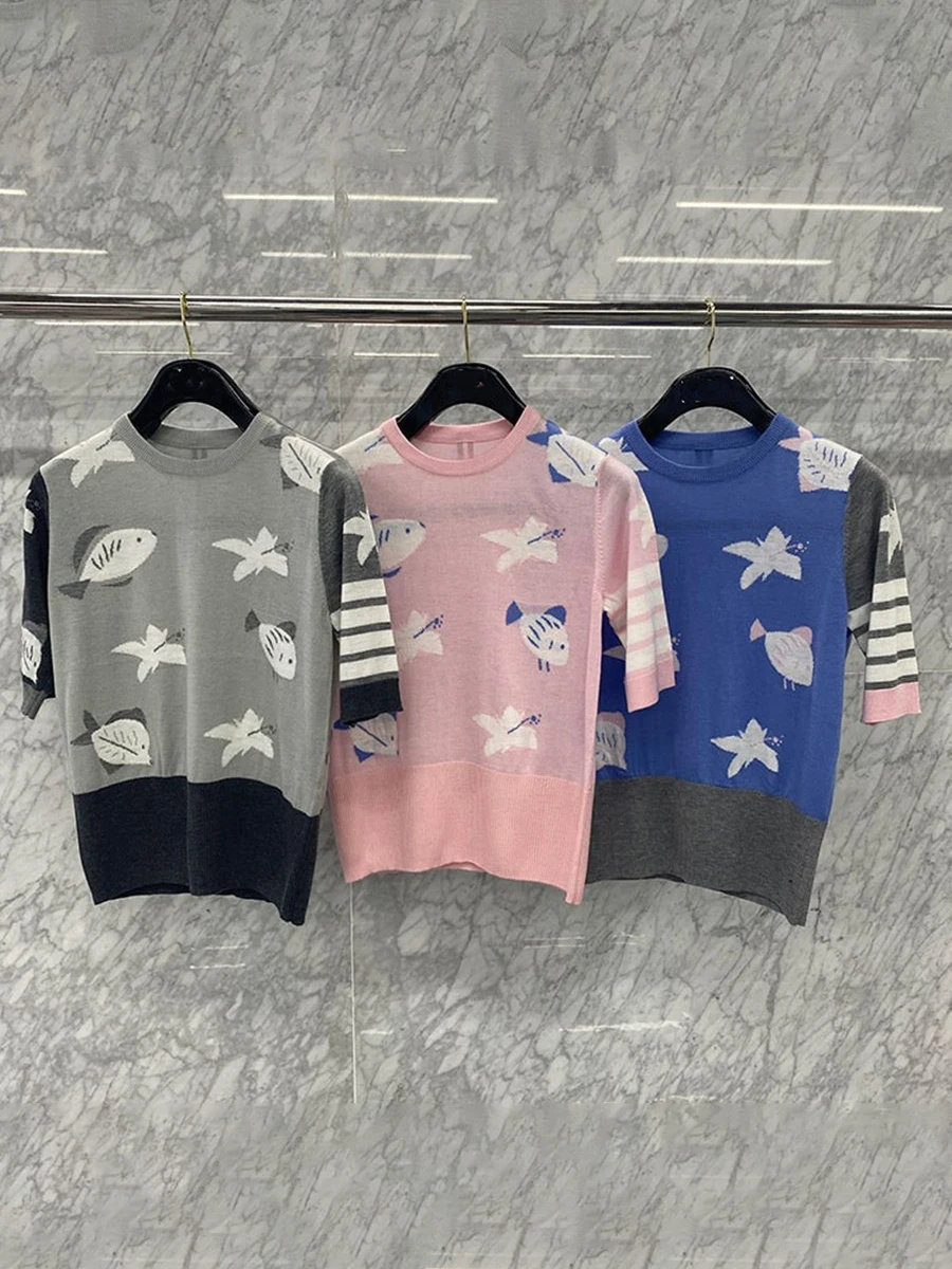 

TB summer four-bar striped ice silk cotton color matching pattern slim fit and thin knitted short-sleeved women's tide