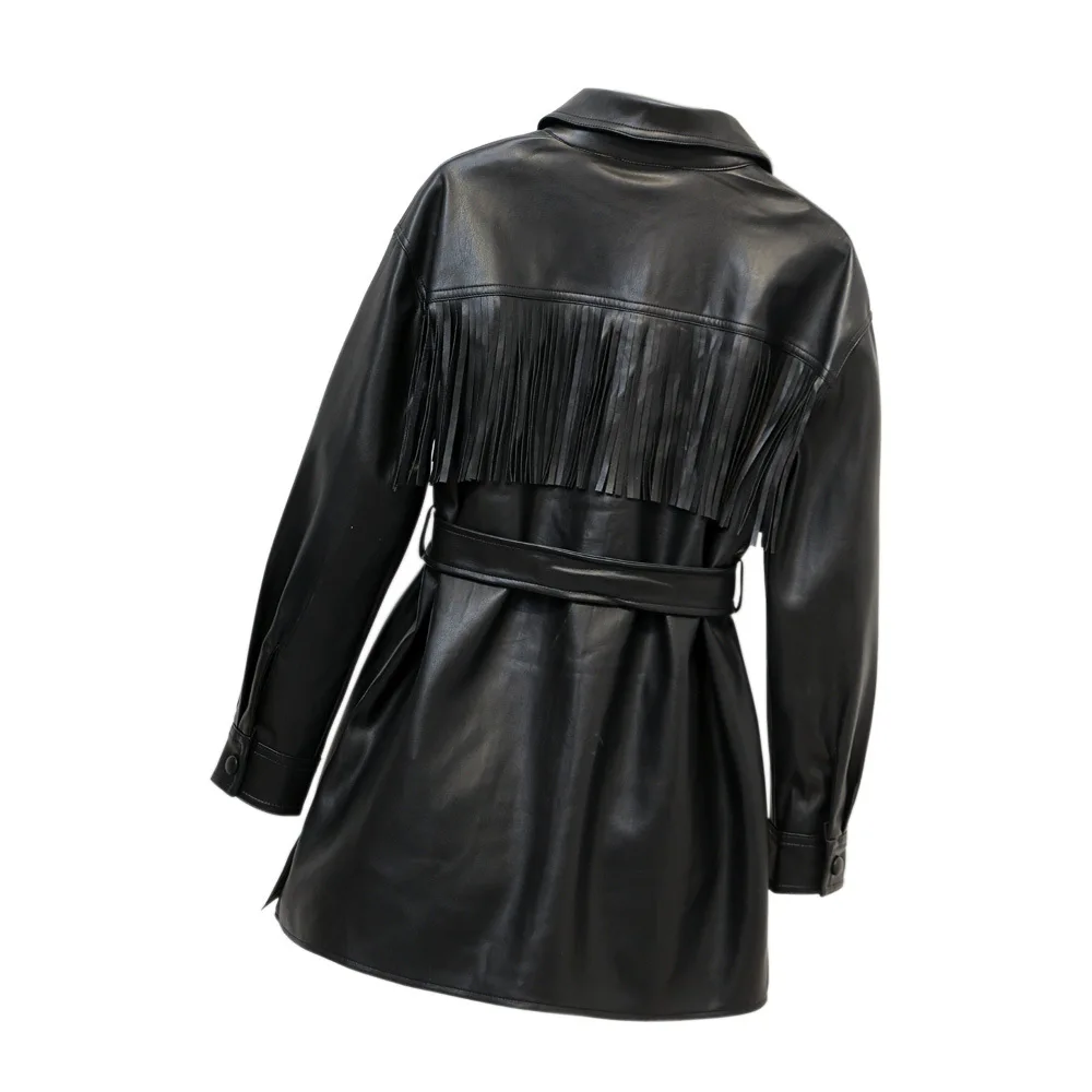 Loose women's leather mid-length belt single breasted leather jacket tassel lapel motorcycle coat