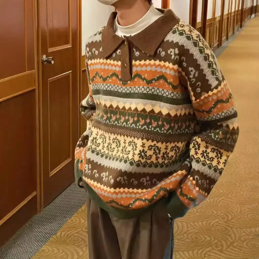 Pololapel мужской свитер в японском стиле повседневный винтажный свободный крой