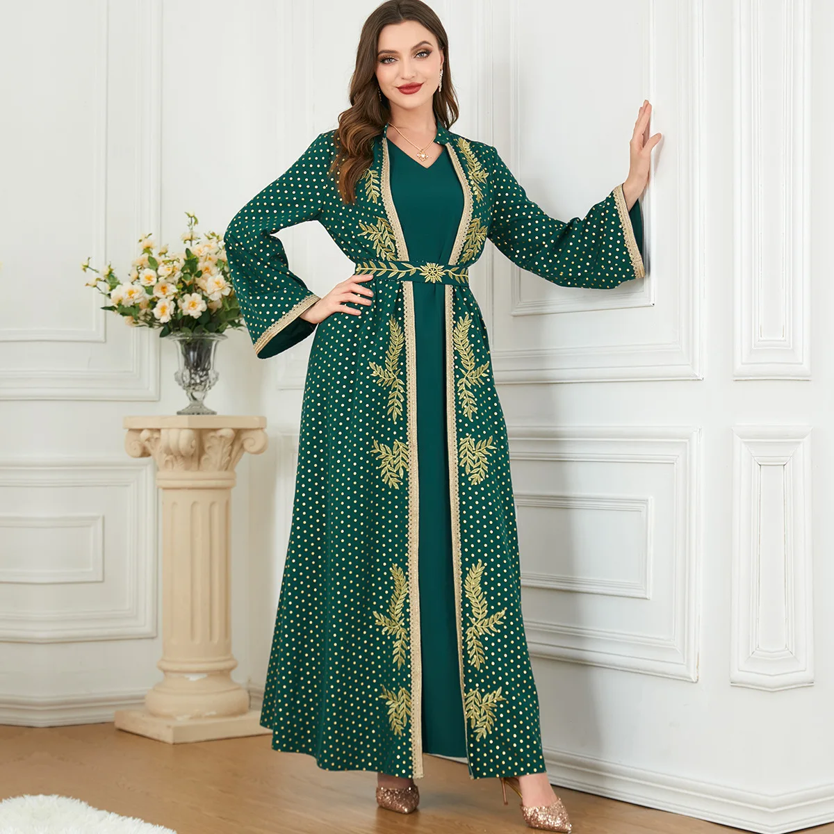 Luxury Green Muslim Set for Women Ramadan Arabic Femme Embroidery Abaya Dress Islamic Jalabiya Clothing Turkey Moroccan Kaftan