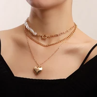 metal wind special shaped pearl exaggerated big peach heart necklace valentines day multi layered love sweater chain female