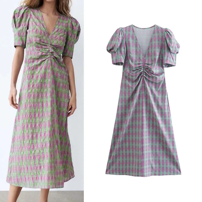 

2022 Summer Women Plaid Dress New Elegant Deep V-neck Vestido Puff Short Sleeve Mid-Calf Female Causal Outfit платье летнее
