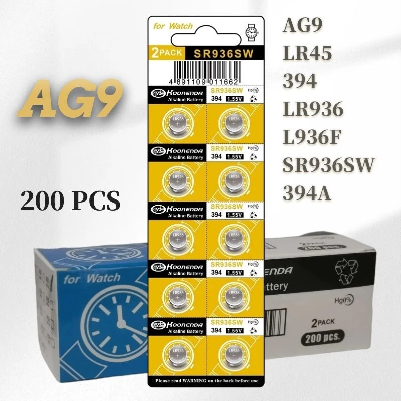 

AG9 200Pcs 1.55V LR45 394 LR936 L936F SR936SW 394A Button Battery for Watch Medical Instruments Flash Alarm Electronic Toys
