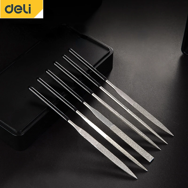 Deli 6 Pcs Set Plastic Dipped Handle Diamond Assorted File High Hardness Wear Resistant and Durable Household Woodworking Tool