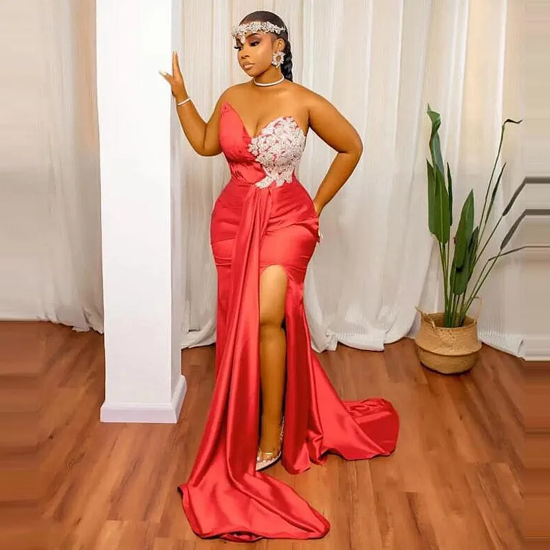 

Aso Ebi Prom Dresses With Sweetheart Appliques Beads Side Split Evening Dress Court Train Sexy Aso Ebi Party Gowns