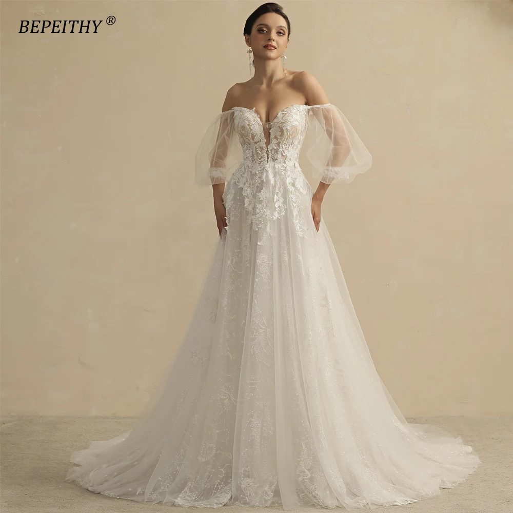 

BEPEITHY Shinny Glittle A Line Skirt Ivory Wedding Dresses For Women With Puff Sleeves Sexy Sweetheart Lace Bridal Gown 2022