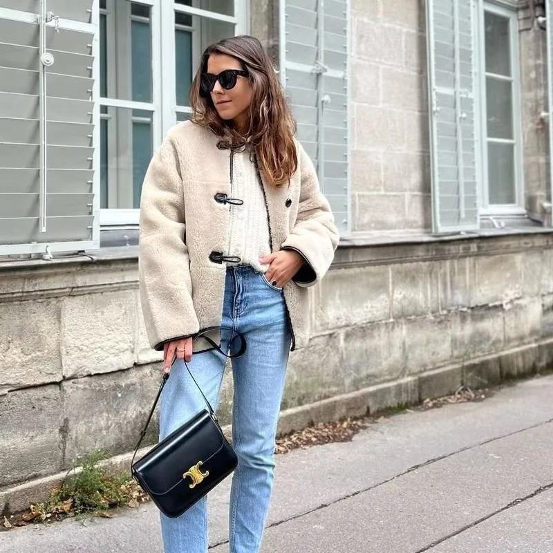 Ardm Vintage Faux Fur O-Neck Jacket Long Sleeve Tops Casual Winter Coat Women Retro New In Outwears Chic Tops