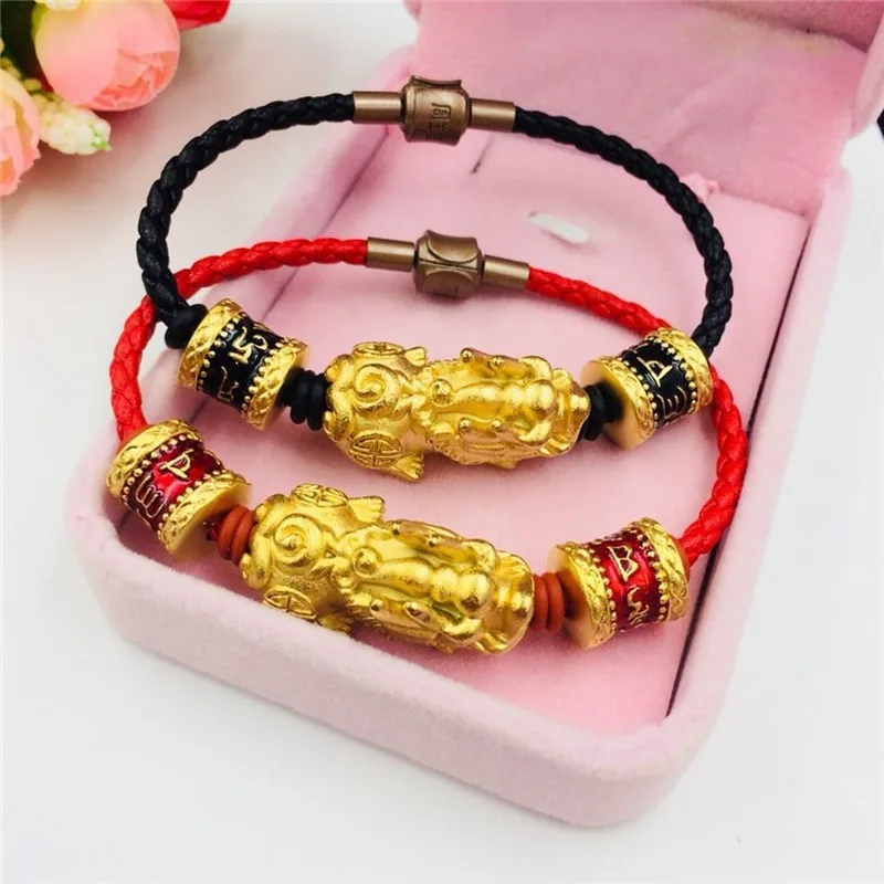 Pixiu Vietnamese Sand Gold Jewelry Brass Gold Plated Jewelry Six-character Mantra Pixiu Bracelet Lovers Leather Bracelet