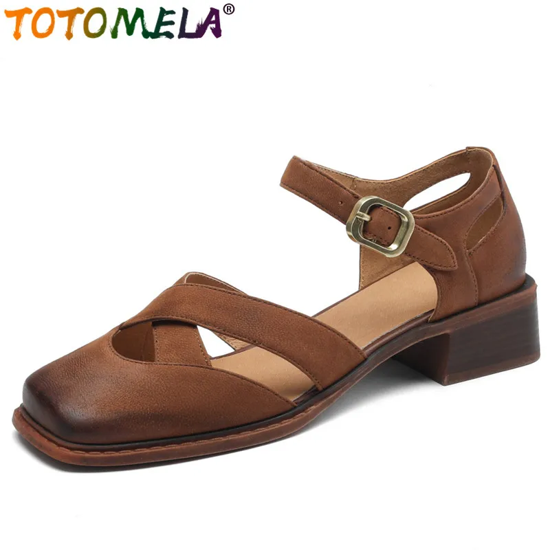 

TOTOMELA 2023 New Retro Sheepskin Leather Sandals Women Square Med Heels Sandals Office Ladies Dress Buckle Shoes