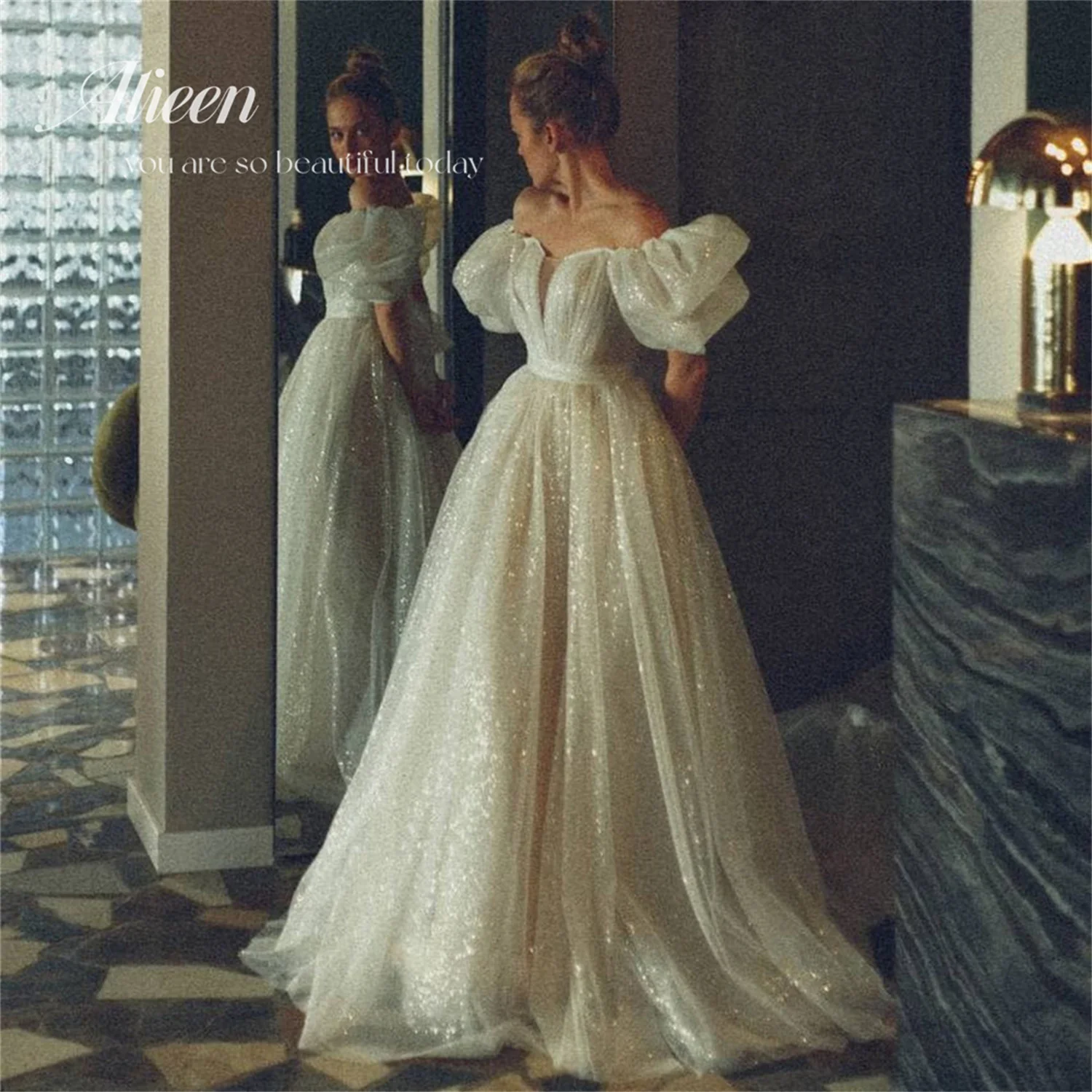 

Puff Sleeves Long Luxury Evening Dresses for Women Party Wedding Evening Aileen Elegant Long Wedding Guest Dress Shiny A-line