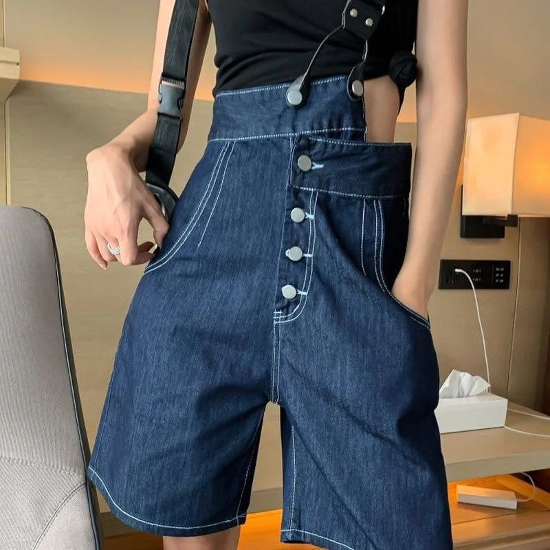 

Loose One-shoulder Streetwear Overall Causal Jeans Ladies Summer One-shoulder Denim Overalls Fashion Knee-length Denim Trousers