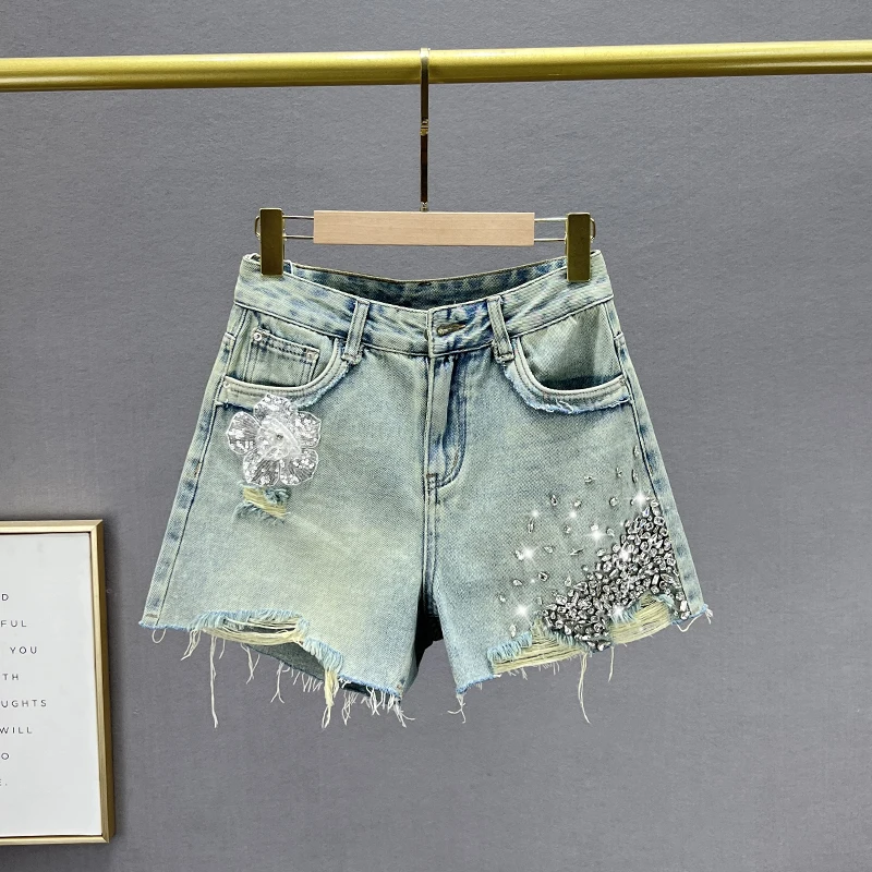 

Diamond Denim Shorts for Women's 2023 Summer New High Waist Loose Sequined Ripped Wide-Leg Pants Sexy Girls Short Jean Hot Pants