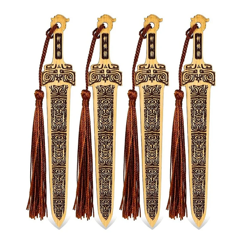 

4 PCS Bamboo Bookmarks With Tassels Retro Sword Bookmark DIY Craft Gift For Man Woman Reading Book Lovers