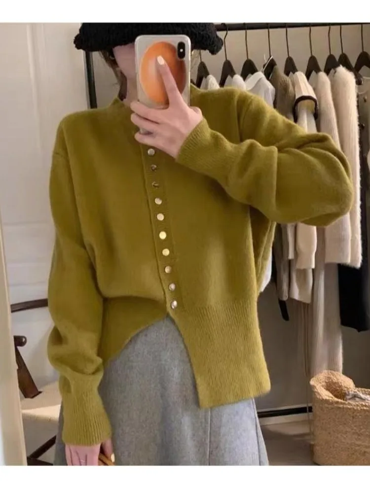 Корейский Женский Приталенный Трикотажный Кардиган С Длинными Рукавами И